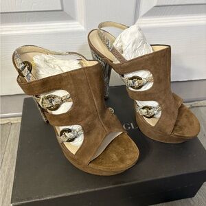 Bruno Magli Brown Suede Cutout Slingback Heels with Gold Buckle Accents